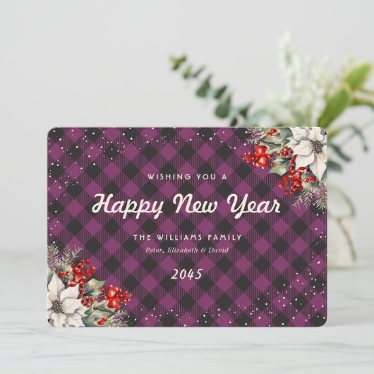Botanical Purple Plaid Snow New Year Card Feestdagenkaart (Staand voorkant)