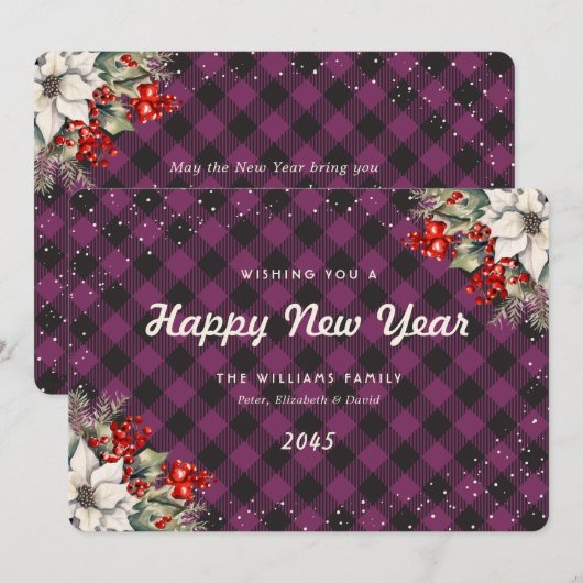 Botanical Purple Plaid Snow New Year Card Feestdagenkaart (Voorkant / Achterkant)