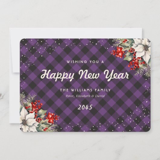 Botanical Purple Plaid Snow New Year Card Feestdagenkaart (Voorkant)