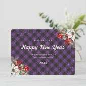 Botanical Purple Plaid Snow New Year Card Feestdagenkaart (Staand voorkant)