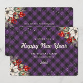 Botanical Purple Plaid Snow New Year Card Feestdagenkaart (Voorkant / Achterkant)