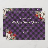 Botanical Purple Plaid Snowflake New Year Card Feestdagenkaart (Voorkant / Achterkant)