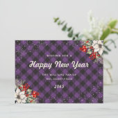 Botanical Purple Plaid Snowflake New Year Card Feestdagenkaart (Staand voorkant)