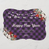 Botanical Purple Plaid String Lights New Year Card Feestdagenkaart (Voorkant / Achterkant)