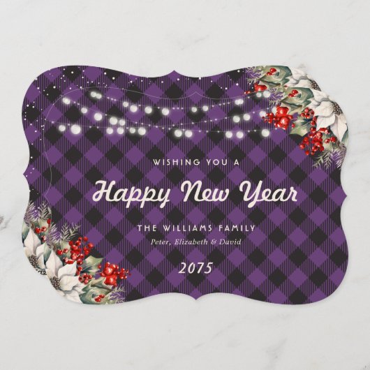 Botanical Purple Plaid String Lights New Year Card Feestdagenkaart (Voorkant / Achterkant)