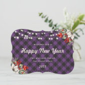 Botanical Purple Plaid String Lights New Year Card Feestdagenkaart (Staand voorkant)
