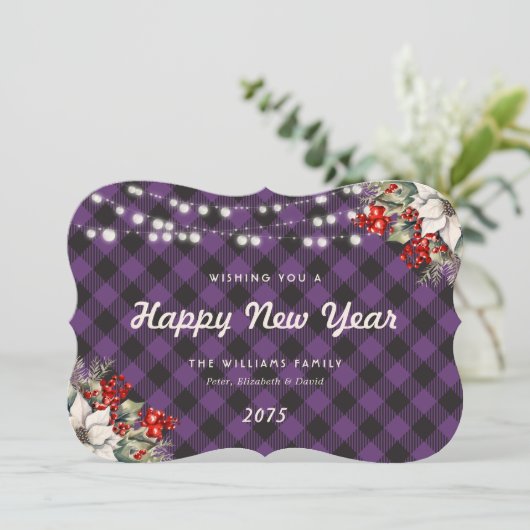 Botanical Purple Plaid String Lights New Year Card Feestdagenkaart (Staand voorkant)