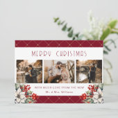 Botanical Red Merry Christmas Newlywed 3 Photo Feestdagenkaart (Staand voorkant)
