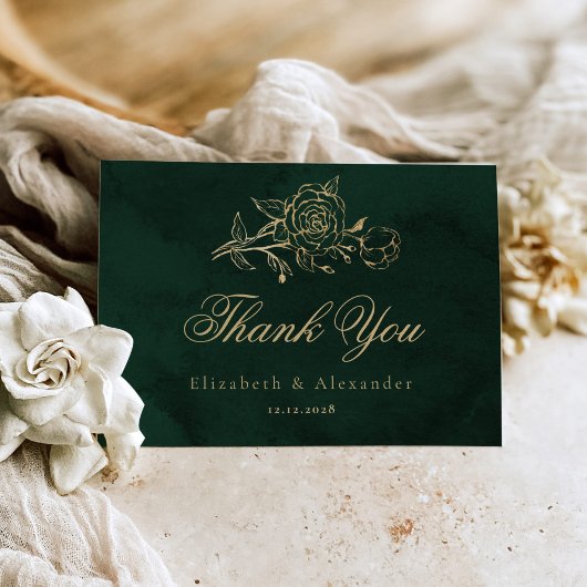 Botanical Roses Green Gold Royal wedding Thank you Kaart