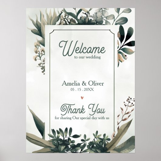 Botanical Sage Green Greenery Wedding Welcome Poster (Voorkant)
