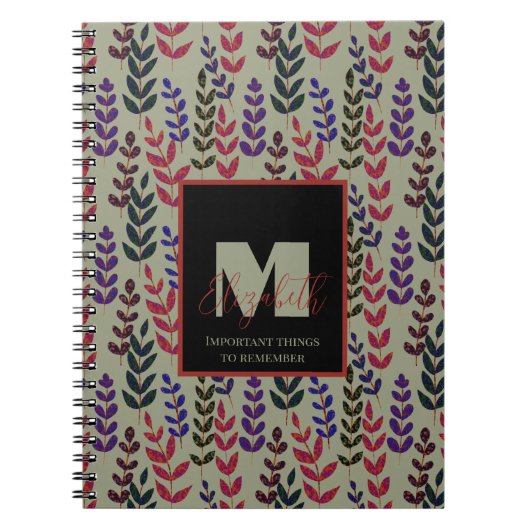 Botanical Sage Groen Roze Monogram Aangepaste naam Notitieboek (Voorkant)