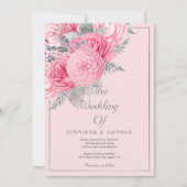 Botanical silver glitter pink floral wedding kaart (Voorkant)