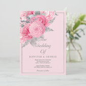 Botanical silver glitter pink floral wedding kaart (Staand voorkant)