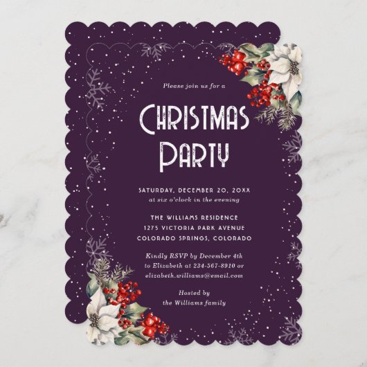 Botanical Snowflake Purple Christmas Party Kaart (Voorkant / Achterkant)