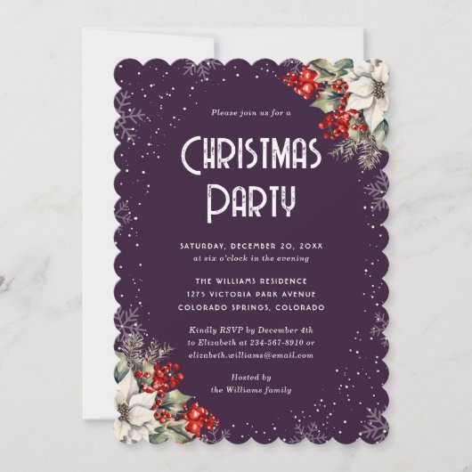Botanical Snowflake Purple Christmas Party Kaart (Voorkant)