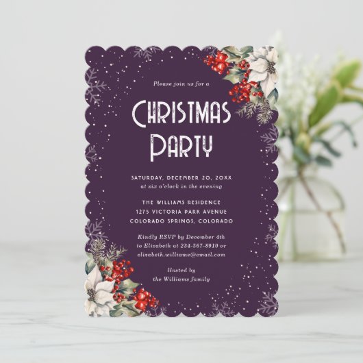 Botanical Snowflake Purple Christmas Party Kaart (Staand voorkant)