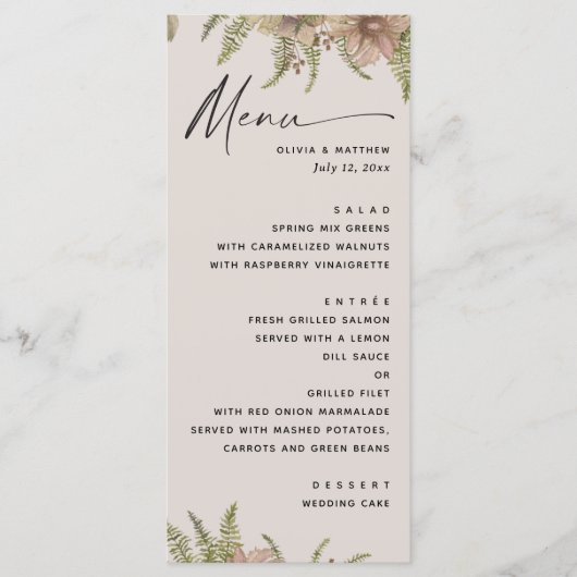Botanical Soft Warm Taupe Wedding | Fern Greenery Menu (Voorkant)
