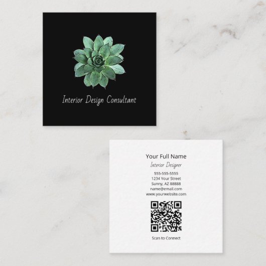 Botanical Succulent QR code Modern Black Vierkante Visitekaartje (Voorkant / Achterkant)