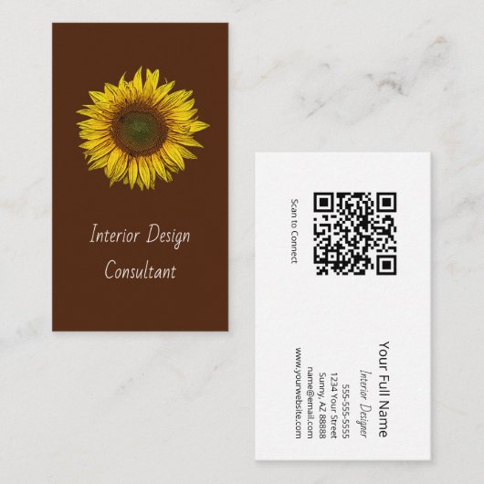 Botanical Sunflower QR code Designer Rustic Visitekaartje (Voorkant / Achterkant)