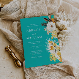 Botanical Sunshine Garden Florals Teal Wedding Kaart