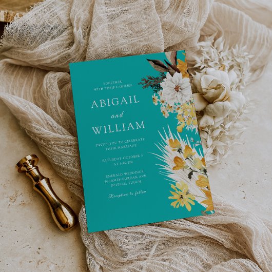 Botanical Sunshine Garden Florals Teal Wedding Kaart