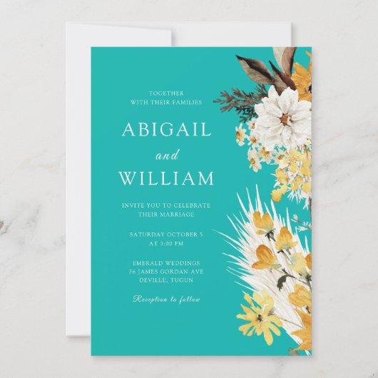 Botanical Sunshine Garden Florals Teal Wedding Kaart (Voorkant)