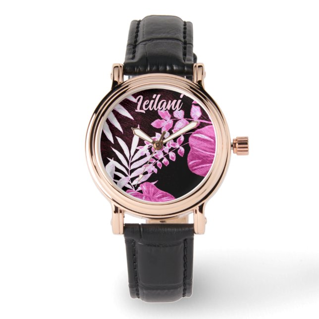 Botanical Tropical Leaves Palm Pink Personalized Horloge (Voorkant)