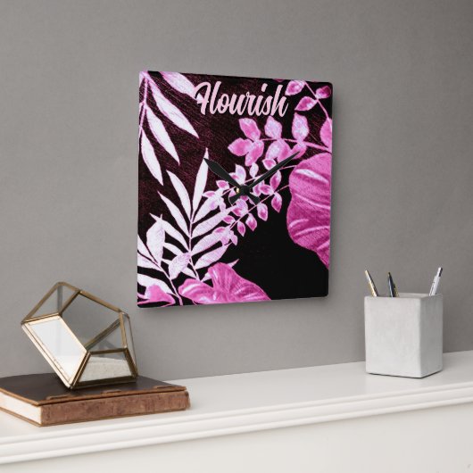 Botanical Tropical Leaves Palm Pink Personalized Vierkante Klok (Kantoor)