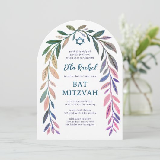 Botanical Watercolor CUSTOM Bar Bat Mitzvah Arch Kaart (Staand voorkant)