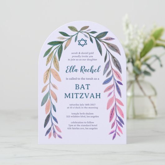 Botanical Watercolor CUSTOM Bar Bat Mitzvah Arch Kaart (Staand voorkant)