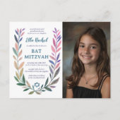 Botanical Watercolor CUSTOM PHOTO Bat Bar Mitzvah Briefkaart (Voorkant)