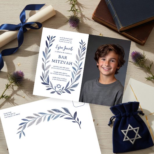 Botanical Watercolor CUSTOM PHOTO Bat Bar Mitzvah Briefkaart