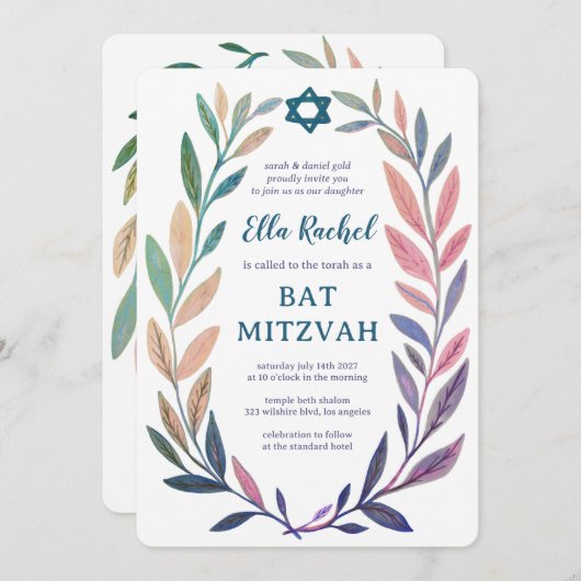 Botanical Watercolor CUSTOM QR Bar Bat Mitzvah Kaart (Voorkant / Achterkant)