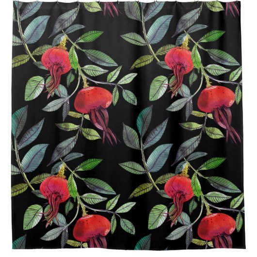 Botanical watercolor drawing dogrose pattern. Brig Douchegordijn (Voorkant)