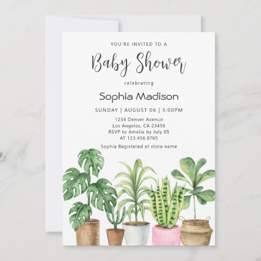 Botanical Watercolor Potted Plants Baby Shower Kaart (Voorkant)