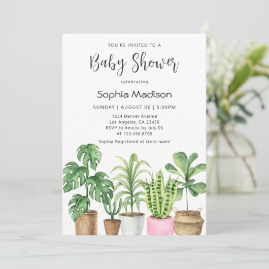 Botanical Watercolor Potted Plants Baby Shower Kaart (Staand voorkant)