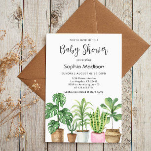 Botanical Watercolor Potted Plants Baby Shower Kaart