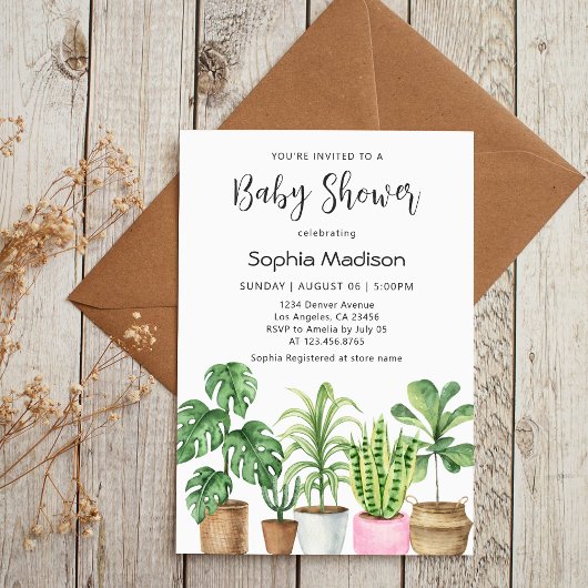 Botanical Watercolor Potted Plants Baby Shower Kaart