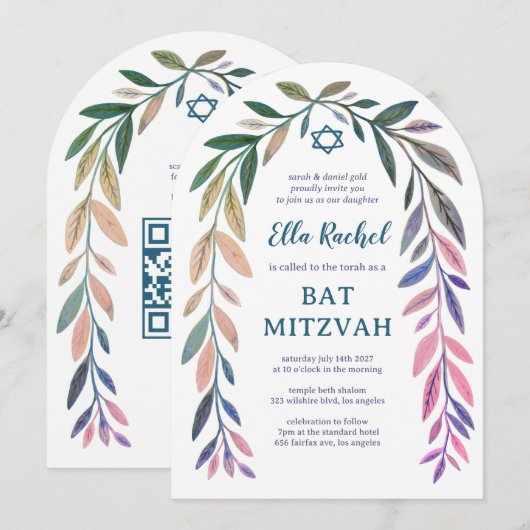 Botanical Watercolor QR Code Bar Bat Mitzvah Arch Kaart (Voorkant / Achterkant)
