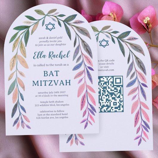Botanical Watercolor QR Code Bar Bat Mitzvah Arch Kaart