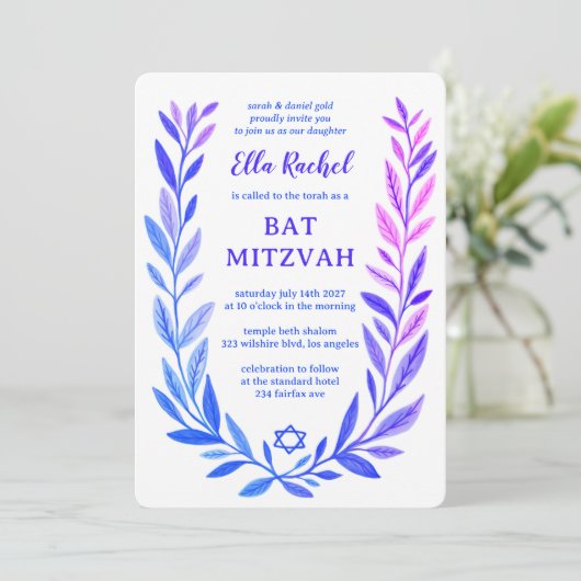 Botanical Watercolor Star of David Bar Bat Mitzvah Kaart (Staand voorkant)