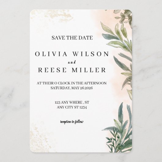 Botanical Watercolor Wedding Save the Date Kaart (Voorkant)