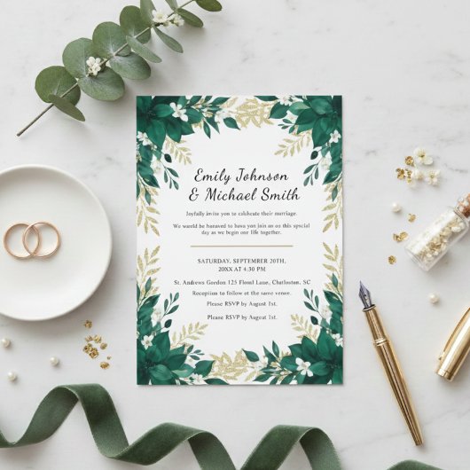 Botanical Wedding Invitation with Green Leaves Kaart