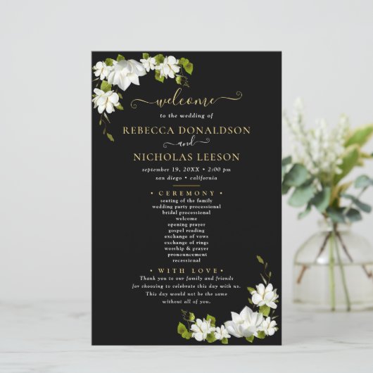 Botanical Wedding Programme van Elegant Black Flow (Staand voorkant)