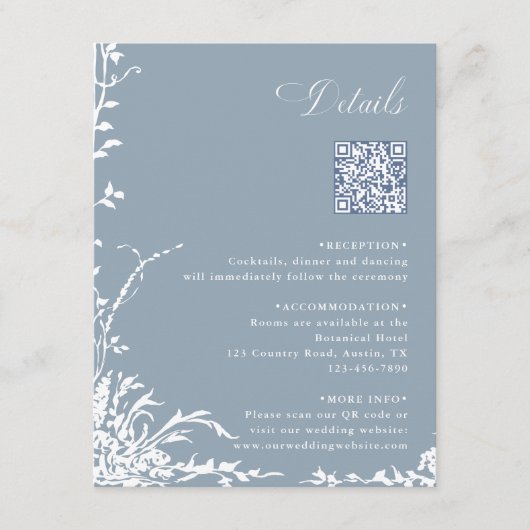 Botanical Wedding QR Code Details Dusty Blue  Informatiekaartje (Voorkant)