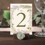 Botanical Wedding Table Number Card Kaart<br><div class="desc">Add a charming botanical detail to your reception tables with this elegant wildflower wedding table number card. Surrounded by a delicate frame of soft pastel florals and greenery, this design brings a romantic garden-inspired feel to your wedding décor. The graceful botanical border features gentle sprigs of lavender, blush blossoms, and...</div>