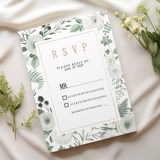 Botanical white mint berries floral RSVP Kaart