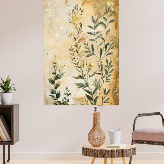 Botanical wildflowers including daisies in white,  poster (Woonkamer 3)