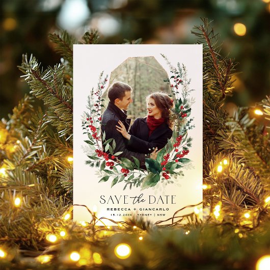 Botanical Winter Berries Greenery Wedding Save The Date