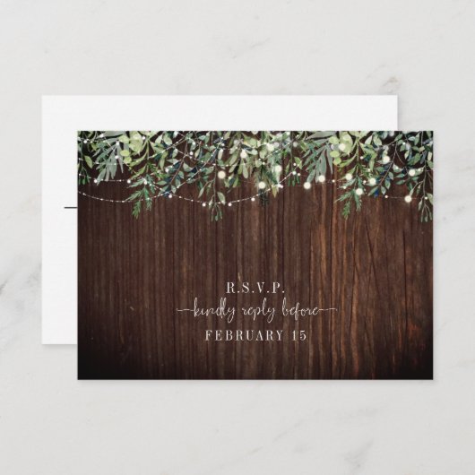 Botanical Wood Greenery String Lights Wedding RSVP Kaartje (Voorkant / Achterkant)
